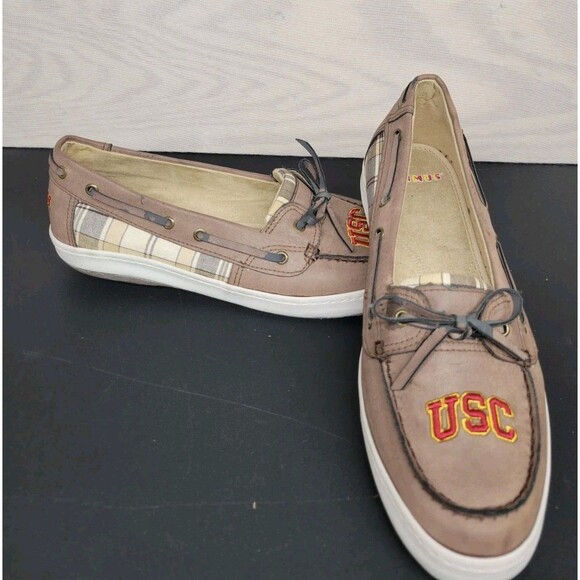 Primus Women's SZ 11 USC Trojan Boat Shoes Brown Plaid Logo Slip On Flats - Picture 1 of 9